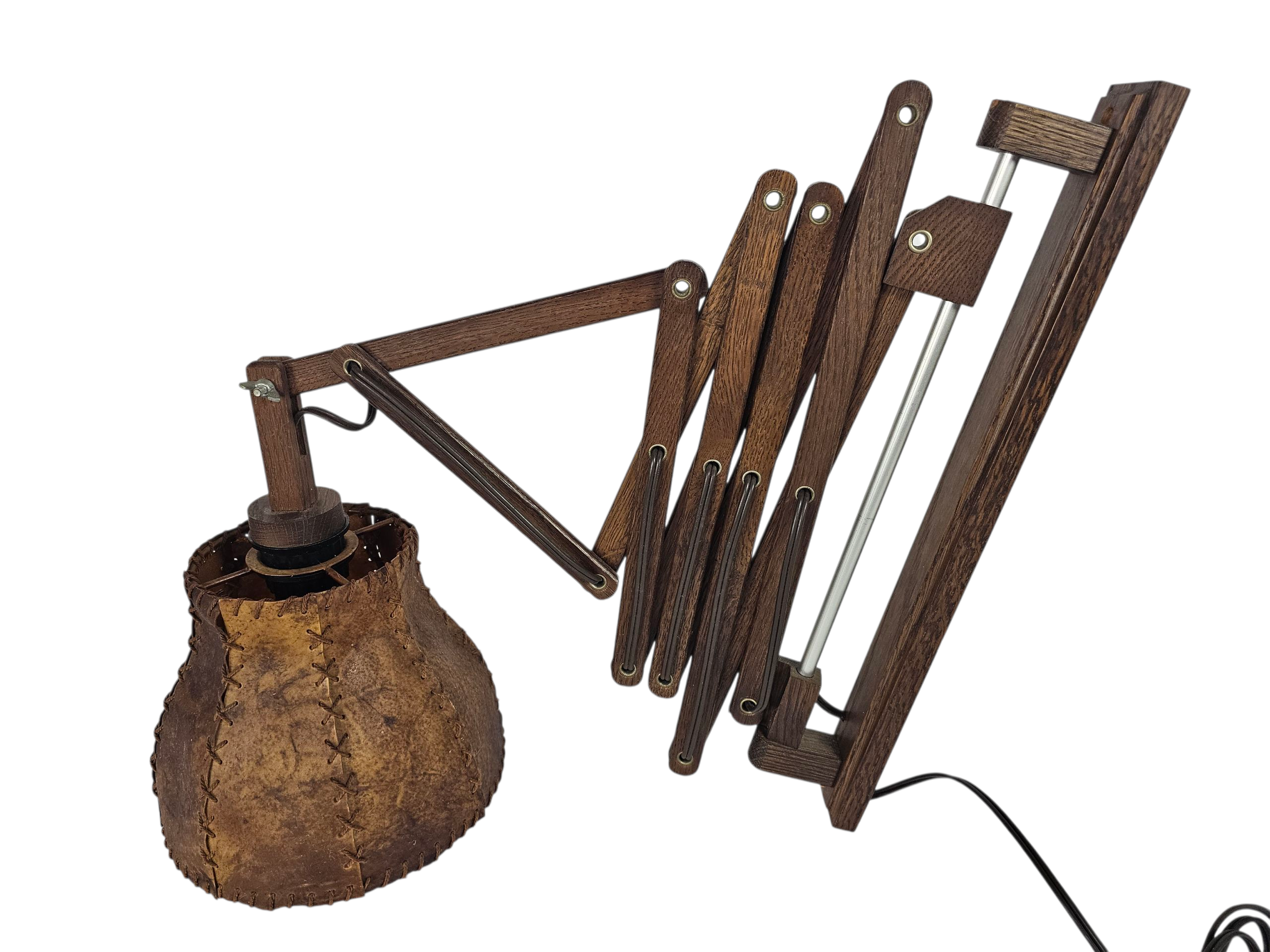 Schaarlamp | Harmonicalamp | wandlamp | vintage | eiken | varkensblaas | 70's |