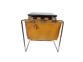 Dutch design - Brabantia Holland - mime set - lectuurbak - Vintage bijzettafel met cognac tuigleren lectuurbak - 60's