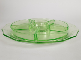 Hors d'oeuvre schaal/bakjes  - 6-delig  - origineel - W.J. Rozendaal - uranium glas - 1930's