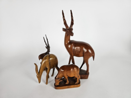 Vintage - Mid Century - Hert/Antilope/Gazelle/Stier - houtsnijwerk -  4 objecten - teak  - decoratie - 3e kwart 20e eeuw