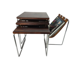 Dutch design - Brabantia Holland - mime set - lectuurbak - Vintage bijzettafel met cognac tuigleren lectuurbak - 60's