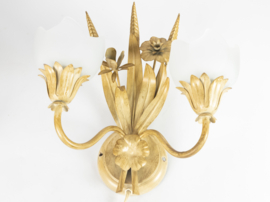 LS Italy  - vintage wandlamp - metalen goudkleurige bloemen met korenaren - 1970's