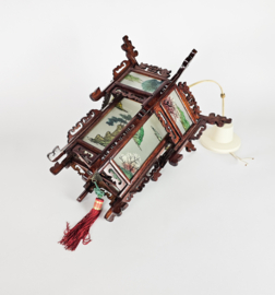 Chinese lantaarn chandelier - rozen hout - gedecoreerd glas -  2e helft 20e eeuw