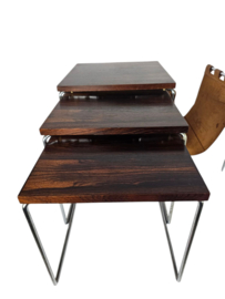 Dutch design - Brabantia Holland - mime set - lectuurbak - Vintage bijzettafel met cognac tuigleren lectuurbak - 60's