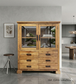 Lage vitrinekast met lades – stoer, robuust en karaktervol