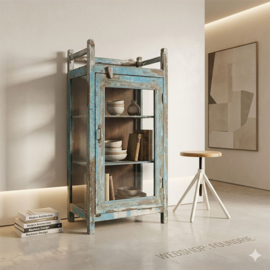 Vintage look vitrinekast – zee blauw | uniek & stoer