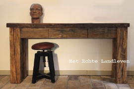 Handmade : Oud eiken Stoer handgemaakte Side Table met lade 0101