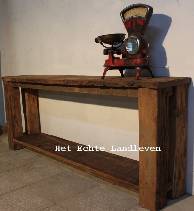 Handmade: Oud Eiken side table met boomblad 2 meter lang  0102
