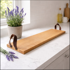 SERVEERTRAY BEUKEN - stoere leren handvaten - 69cm