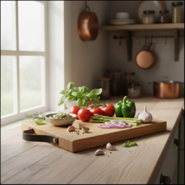 HAKBLOK XL - eikenhout - leren handvat  - 40x30x4cm