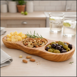 Borreltrio – Olijfhouten Borrelschaal met 3 Vakken