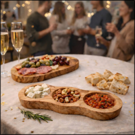 Borreltrio – Olijfhouten Borrelschaal met 3 Vakken