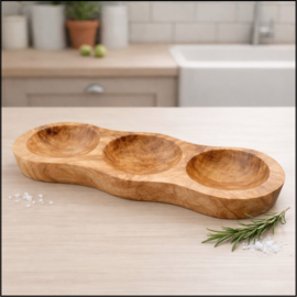 Borreltrio – Olijfhouten Borrelschaal met 3 Vakken