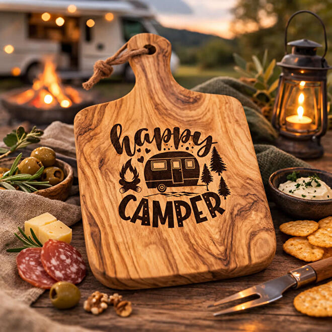 happy camper borrelplank cadeau voor kampeerders en camperaars