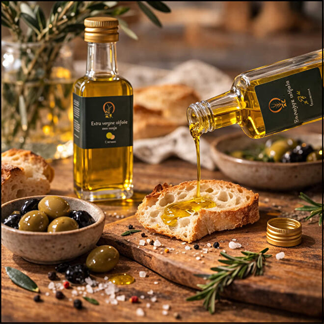 Set van vijf extra vergine olijfolie flesjes in cadeauverpakking