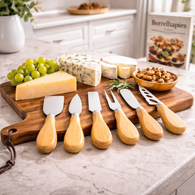 6-delige kaasmessenset met bamboe handgrepen in zwarte cadeauverpakking