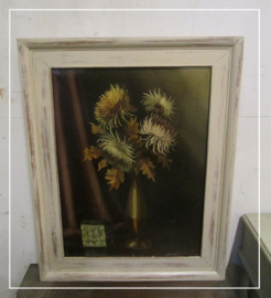 Brocante schilderij vaas met herfstbloemen