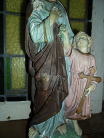 Oud brocante beeld heilige Jozef met kind Jezus 44 cm