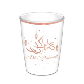 Grote papieren bekers Eid Mubarak rose goud wit foil (8st)