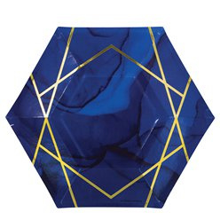 Papieren borden zeshoek goud blauw (8st)
