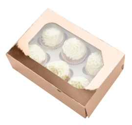 Cupcakedoos glimmend rose goud 6 vaks (pst)