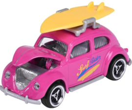 Volkswagen Kever (beetle) rose met surfplank  merk Majorette Schaal 1 op 64