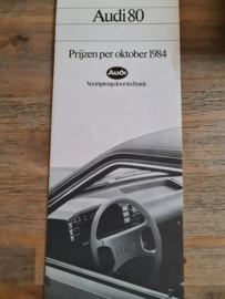 Audi 80 folder uit 8-1984 incl technische gegevens lijst en prijslijst