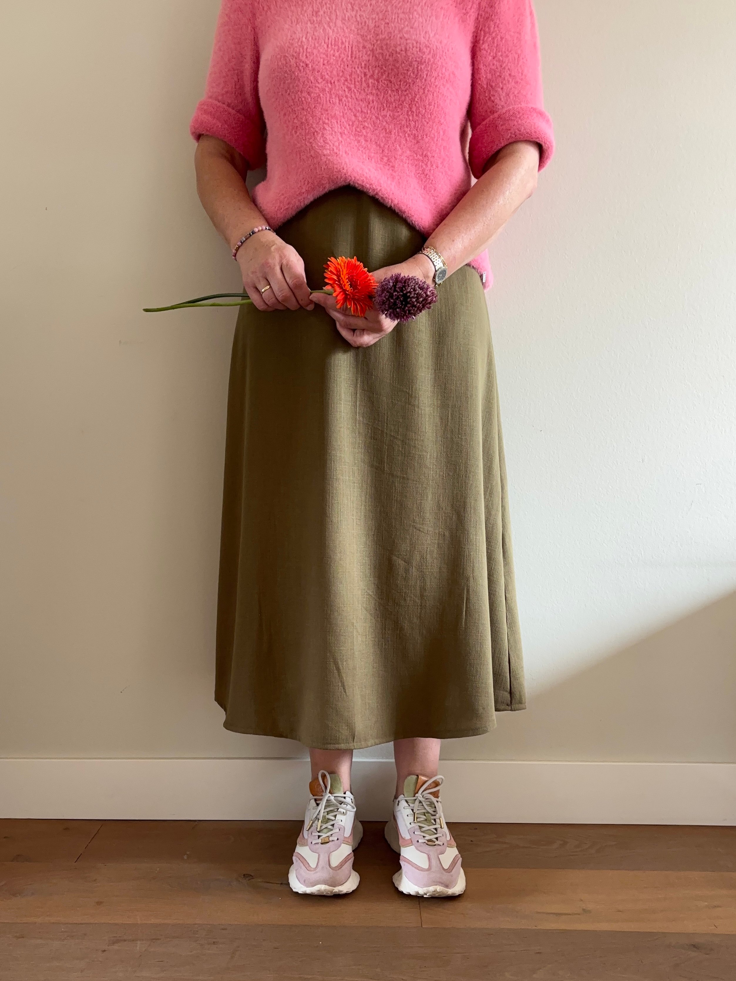 Damesrok linnen/viscose olijfgroen
