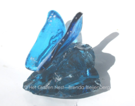 Aqua blauwe vlinder op ruw blauw glas