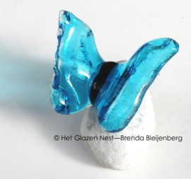 Kleine vliegende glasvlinder op steentje