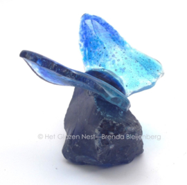 klein dansend blauw vlindertje op glas