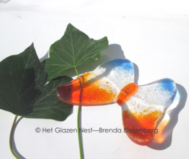 Vliegende glasvlinder in oranje, blank en blauw