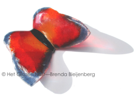 Rood en oranje vlinder met paarse randen van glas