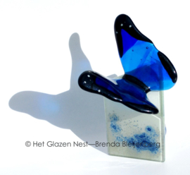 Blauwe vlinder op kleine witte urn