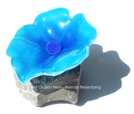speelse abstract bloem in aqua blauw glas op steen