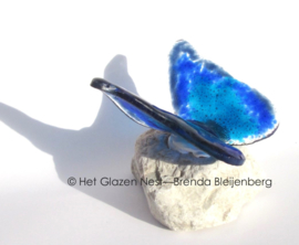 Speels blauwe vlinder in lichtdoorlatend glas