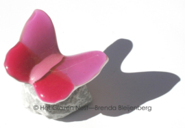 Kleine roze glazen vlinder op steentje