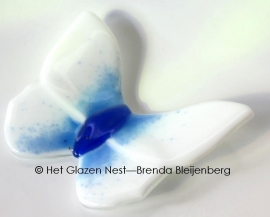 Witte vlinder met blauw lijf, ondoorzichtig glas