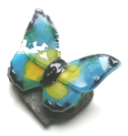Vlinder aqua, geel en zeegroen glas
