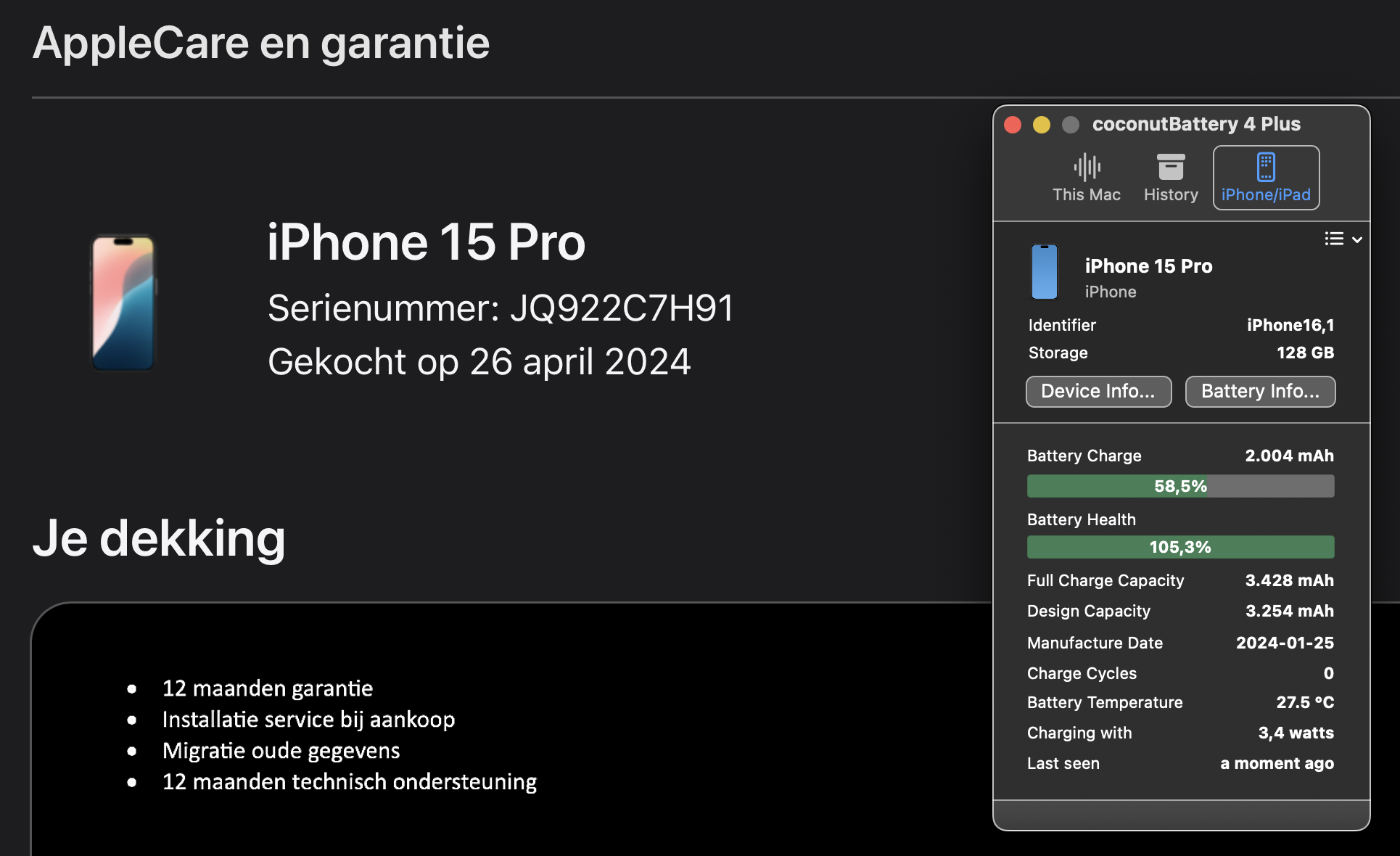 (No.5835) iPhone 15 Pro 128GB Black Titanium **A-Grade**
