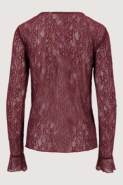 Kanten top met ruffle mouw - burgundy | Zusss