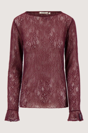 Kanten top met ruffle mouw - burgundy | Zusss