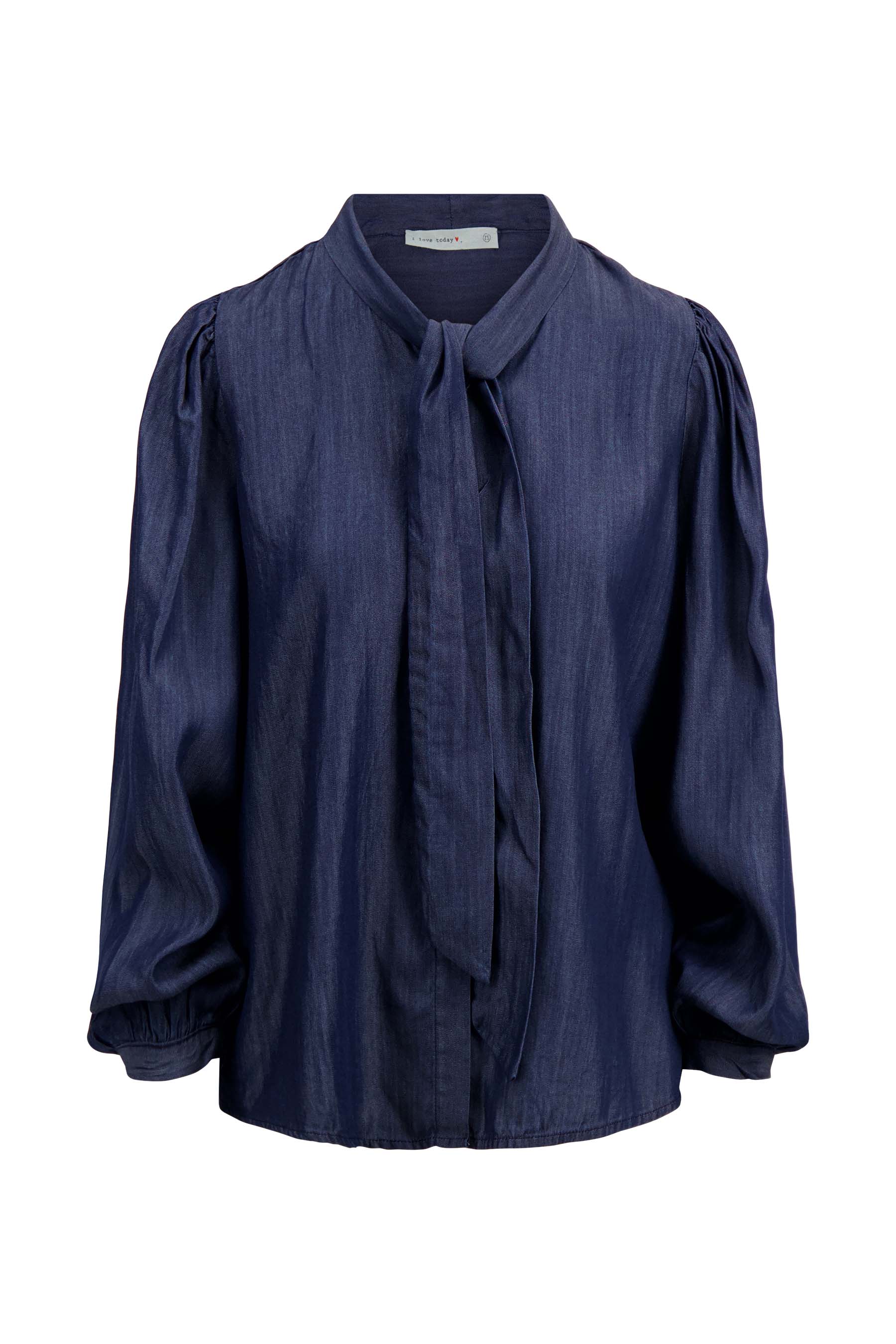 Denim blouse met strik - donkerblauw | Zusss