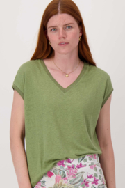  V-hals top met lurex boord - light mossgreen | Zusss 