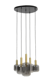 2949084 | Hanglamp 5L Ø66x80 cm LEKAR antiek brons+smoke glas | Light & Living