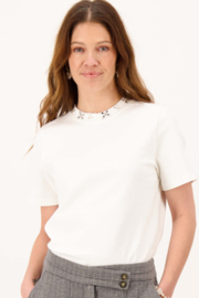 T-shirt met kralen hals en korte mouw - off white | Zusss