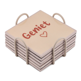  OZ3316 | Set van 6 onderzetters met rekje - geniet | HomeBound by KY