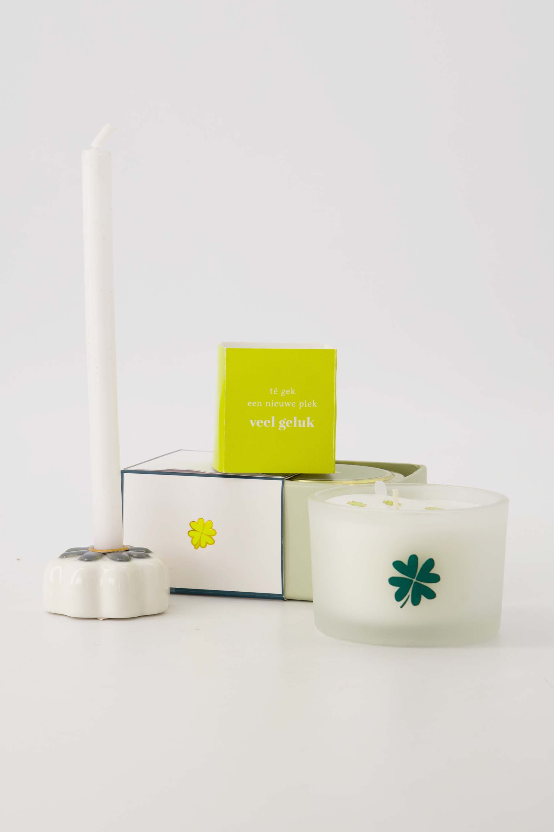 Kandelaartje keramiek klavertje - wit/groen | Zusss