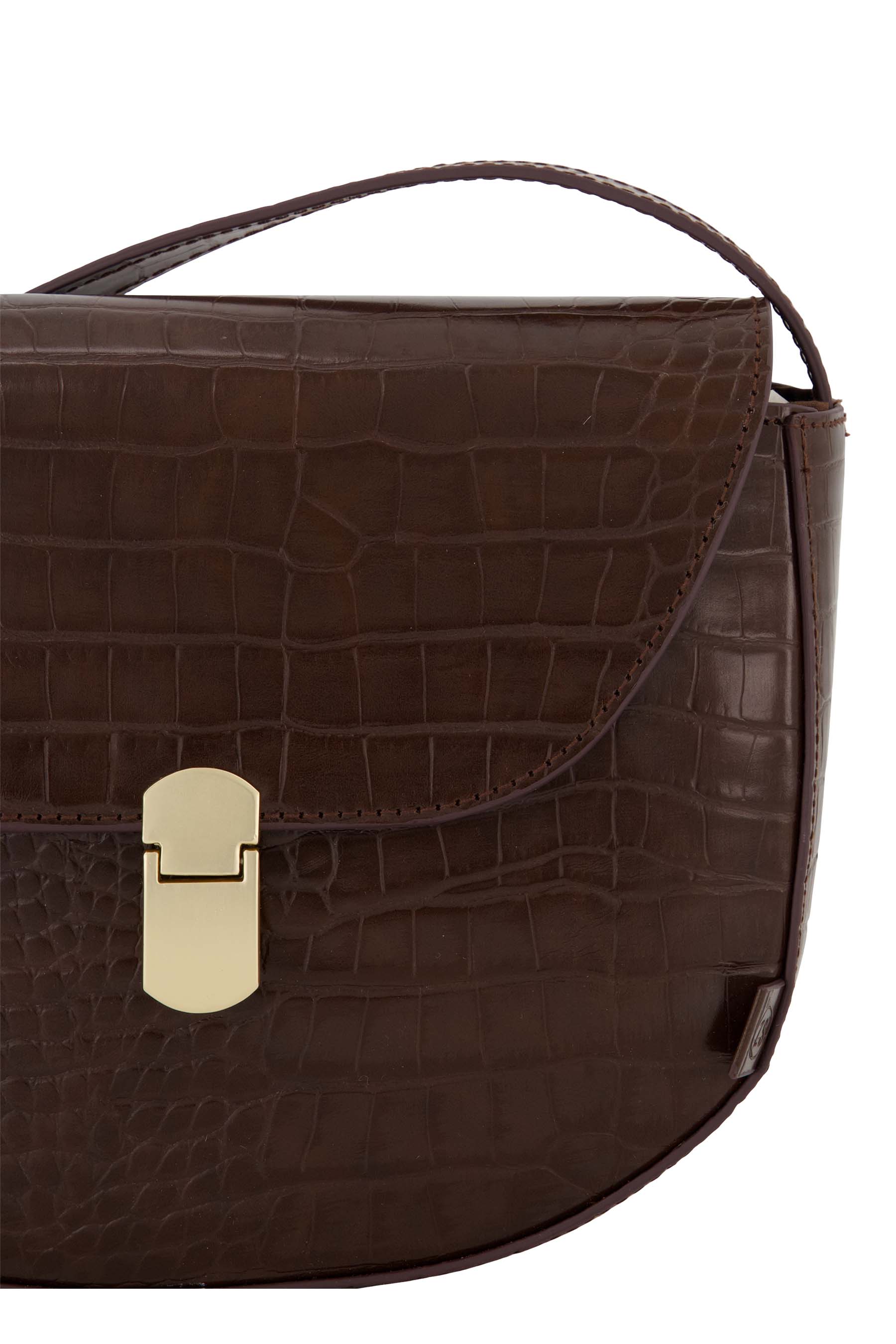 Schoudertas met gouden sluiting in croco structuur - chocoladebruin | Zusss