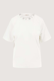 T-shirt met kralen hals en korte mouw - off white | Zusss